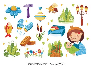 Set of vector elements: flower, hammer, brick, rain, snow, forest, fish, etc. This can be used as a playing card, illustrative material for children.