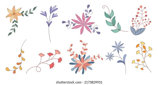 Set vector elements flowers and leaves, doodle style design on white background for digital printing, stickers, spring theme decorations, fabric patterns, cards, scrapbooks, t-shirt designs and more.
