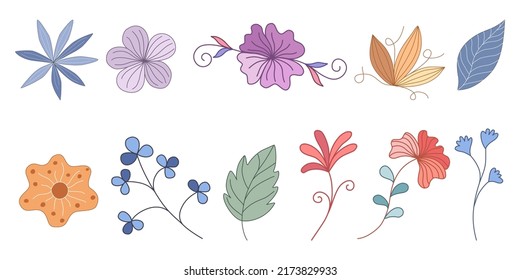 Set vector elements flowers and leaves, doodle style design on white background for digital printing, stickers, spring theme decorations, fabric patterns, cards, scrapbooks, t-shirt designs and more.