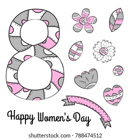 Set of vector elements of flowers and numbers eight on a white background. Isolated hand drawn objects in Scandinavian style.