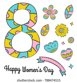 Set of vector elements of flowers and numbers eight on a white background. Isolated hand drawn objects in Scandinavian style.
