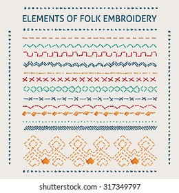 Set Of Vector Elements Of Folk Embroidery, Stitch, Stitching, Border