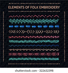 Set of vector elements of folk embroidery, stitch, stitching, border