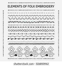 Set Of Vector Elements Of Folk Embroidery, Stitch, Stitching, Border. Black On A White Background