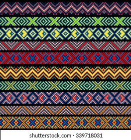 Set of vector elements of folk embroidery, stitch, stitching, border. Seamless pattern.