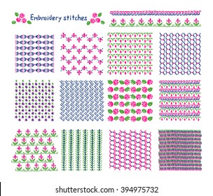 Set of vector elements of folk embroidery, stitch, stitching, border