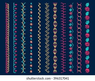 Set of vector elements of folk embroidery, stitch, stitching, border