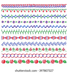 Set of vector elements of folk embroidery, stitch, stitching, border