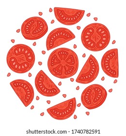 Set of vector elements in the form of a circle. Red fresh, juicy slices of tomato-shaped pizza. Vegetables, vegetarian food, agricultural eco product. Drawn by hand. For various design.