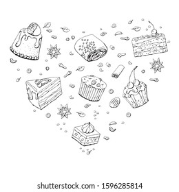 Set of vector elements in the form of a heart. Sweet, delicious pastries. Cakes, puffs, buns, spices, nuts, cinnamon, star anise, chocolate. Printing on clothes, card design for Valentine's Day. 