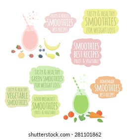 Set of vector elements. Fruit, berry and vegetable green smoothies in jars isolated on white background. Set of labels, banners