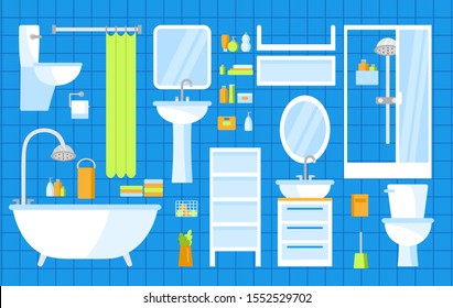 set of vector elements of furniture, equipment and decor for bathroom design. toilet, bath, shower, mirror, rack, toilet paper, shelf, curtain, towel,  gel, shampoo, cosmetics.  flat illustration 