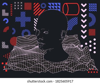 Set of vector elements: geometric forms and shapes, 3D low poly face. Retrofuturistic minimal aesthetics.