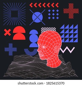 Set of vector elements: geometric forms and shapes, 3D low poly face. Retrofuturistic minimal aesthetics.