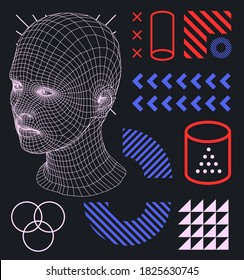 Set of vector elements: geometric forms and shapes, 3D low poly face. Retrofuturistic minimal aesthetics.
