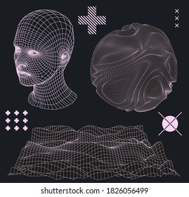 Set of vector elements: geometric forms and shapes, 3D low poly face. Retrofuturistic minimal aesthetics.
