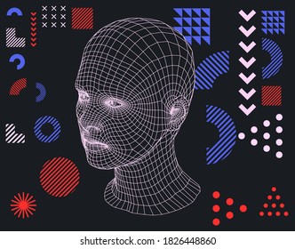 Set Of Vector Elements: Geometric Forms And Shapes, 3D Low Poly Face. Retrofuturistic Minimal Aesthetics.