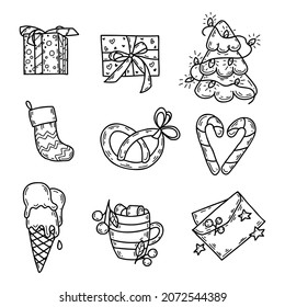Set of vector elements, gifts, candy, ice cream, letter, stars, tree, cup, pretzel. for the design and decoration