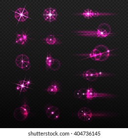 Set of vector elements glow light effects isolated on a black background. Bright flash and flare in the form of stars. Vector illustration.
