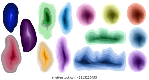 Set of vector elements. Gradient spots, circles, ovals, colored layers, backgrounds, imitation of a stone cut geode on a white background. Elements for design.