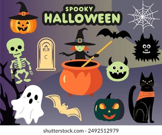 Set of vector elements for halloween in cartoon style. Halloween set witch, pumpkins, ghosts, skeleton.