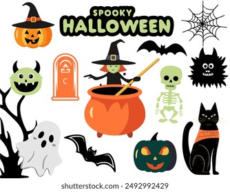 Set of vector elements for halloween in cartoon style. Halloween set witch, pumpkins, ghosts, skeleton.