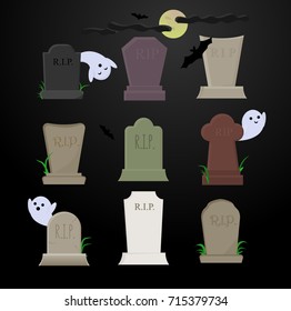 set of vector elements for halloween, cemetery and graves with tombstones, ghosts and bats with moon, black background