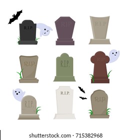 set of vector elements for halloween, cemetery and graves with tombstones, ghosts and bats