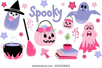 A set of vector elements for Halloween cute and kind ghosts, pink and lilac, a witch chewing gum cooks greens, a pumpkin with flowers, Casper reads books and collects sweets.