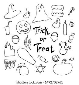 Set of vector elements for halloween. On a white background, linear graphics. For design, decoration, stickers, creating patterns.
