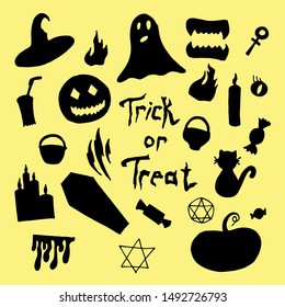 Set of vector elements for Halloween. On a yellow background. For design, decoration, stickers, creating patterns.