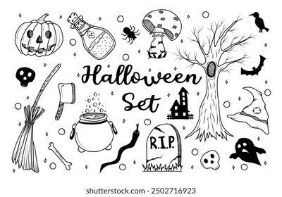 set of vector elements for Halloween, for party invitations, stickers, posters, greeting cards, notebook covers, wrapping paper: evil pumpkin, hat, broom, castle, tree, skull, mushroom, cauldron,