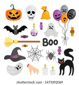 Set of vector elements for Halloween. Pumpkin, broom, potion with eyes, severed hand, black cat, bat, candy, witch hat, spider, web, bag of magical herbs, ghosts.