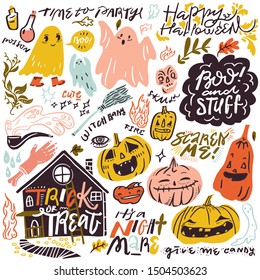 Set of vector elements for Halloween. pumpkins, ghosts, house, fire, poison, witches broom,candy, nightmare,scull,boo and cute lettering in flat cartoon style. Funny halloween card. Party invitation.