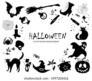 A set of vector elements for Halloween. Silhouettes of images for packaging design, postcards, posters. Clipart on a white background.