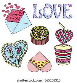 Set of vector elements. Hand drawn illustration for Saint Valentine day