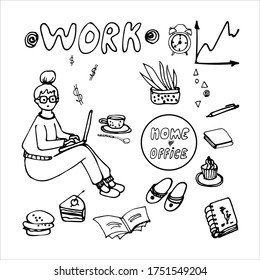 Set of vector elements of hand-drawn online work doodle lines, home stay, man girl at the computer, tea, flower, slippers, cake, clock, for design, postcard, poster