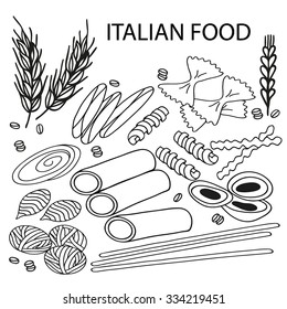 Set of vector elements for healthy food. Hand drawn. Black and white.Italian food. Pasta.