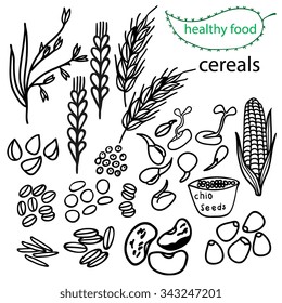 Set of vector elements for healthy food, raw food, vegetarian.Cereals.   Hand drawn. Black and white.