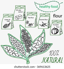 Set of vector elements for healthy food, raw food, vegetarian.Cereals.   Hand drawn. Black and white. Flour.