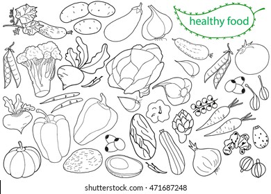 Set of vector elements for healthy food, raw food, vegetarian. Vegetables. Hand drawn. Black and white.