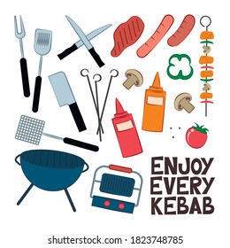 Set of vector elements and icons for barbecue and grill-dispensing fork,meat,sausage,shish,knives,skewers,vegetables,shawarma maker, bbq maker,ketchup,mustard and funny phrase "enjoy every kebab"