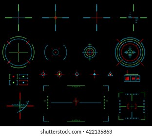 Set of vector elements. Icons crosshairs. Neon sight. View target