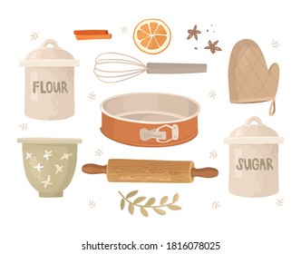 Set of vector elements. Icons in hand-drawn style. Baking dish, rolling pin, whisk. A bowl with a floral pattern and two jars with handwritten inscription flour and sugar. Spices for Christmas baking.