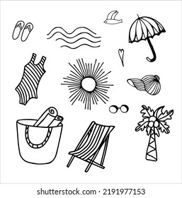 A set of vector elements and icons on a beach and summer theme: chaise longue, umbrella, swimsuit, cap, bag, towel, sun, waves, glasses, seagull, slates. Sketch, logo, icons, clipart, templates.