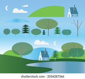 set of vector elements for illustration in scandinavian design style. Stylized kid hand drawn summer idyllic landscape with house, trees, lake, clouds, hills and moon.