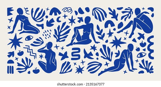 Set of vector elements  include women figures,birds, fruits, abstract shapes, stars, eyes and plants inspired by Matisse.  Trendy minimal cut paper for poster, logos, patterns and covers. 