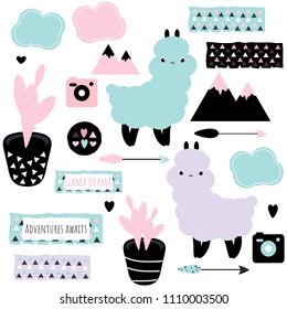 Set of vector elements including alpaca, tribal ornament borders, cactus, arrows, etc. Perfect stuff for scrapbooking, bullet journal stickers, etc.