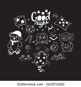A set of vector elements and the inscription "Good night" on a black background. A cozy composition of cute owls, bears, sheep, squirrels, cats, pillows, sleep masks, lamps, Slippers, pajamas.