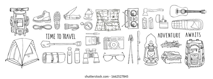 Set of vector elements isolated on white. Hiking gear for camping trips. Backpack, boots, tent, sleeping bag, compass, map, flashlight, binoculars, camera, reusable bottle. Handwritten lettering